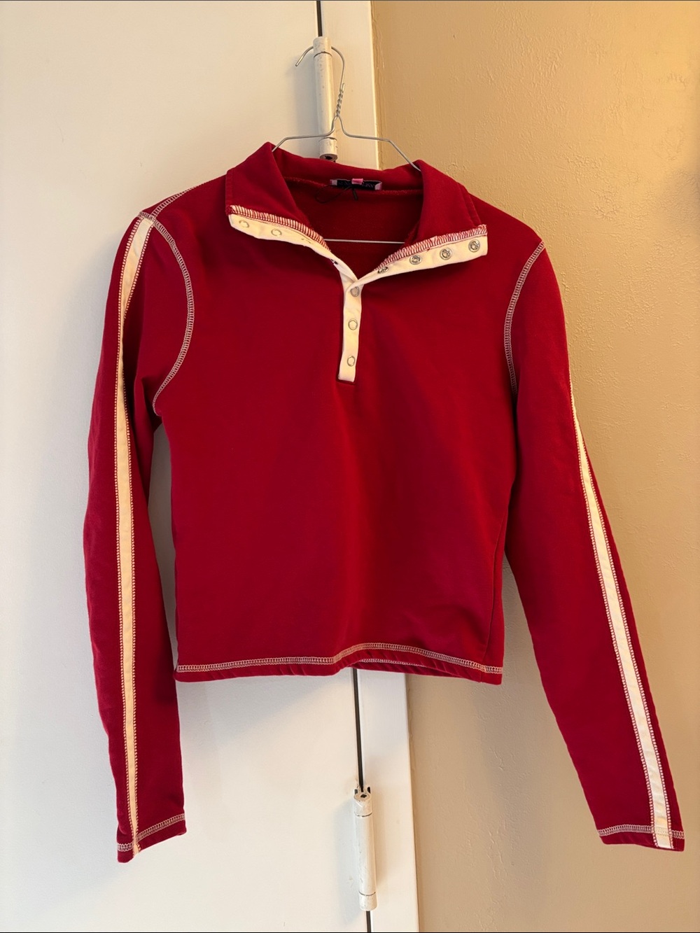 Edikted Red Long-Sleeve Snap Polo with Cream Stripe Details